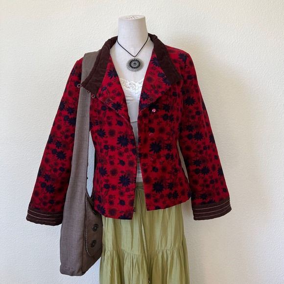 Red Floral Corduroy Jacket Brown Trim Unique Asian Inspired Bright Dopamine - Picture 1 of 8